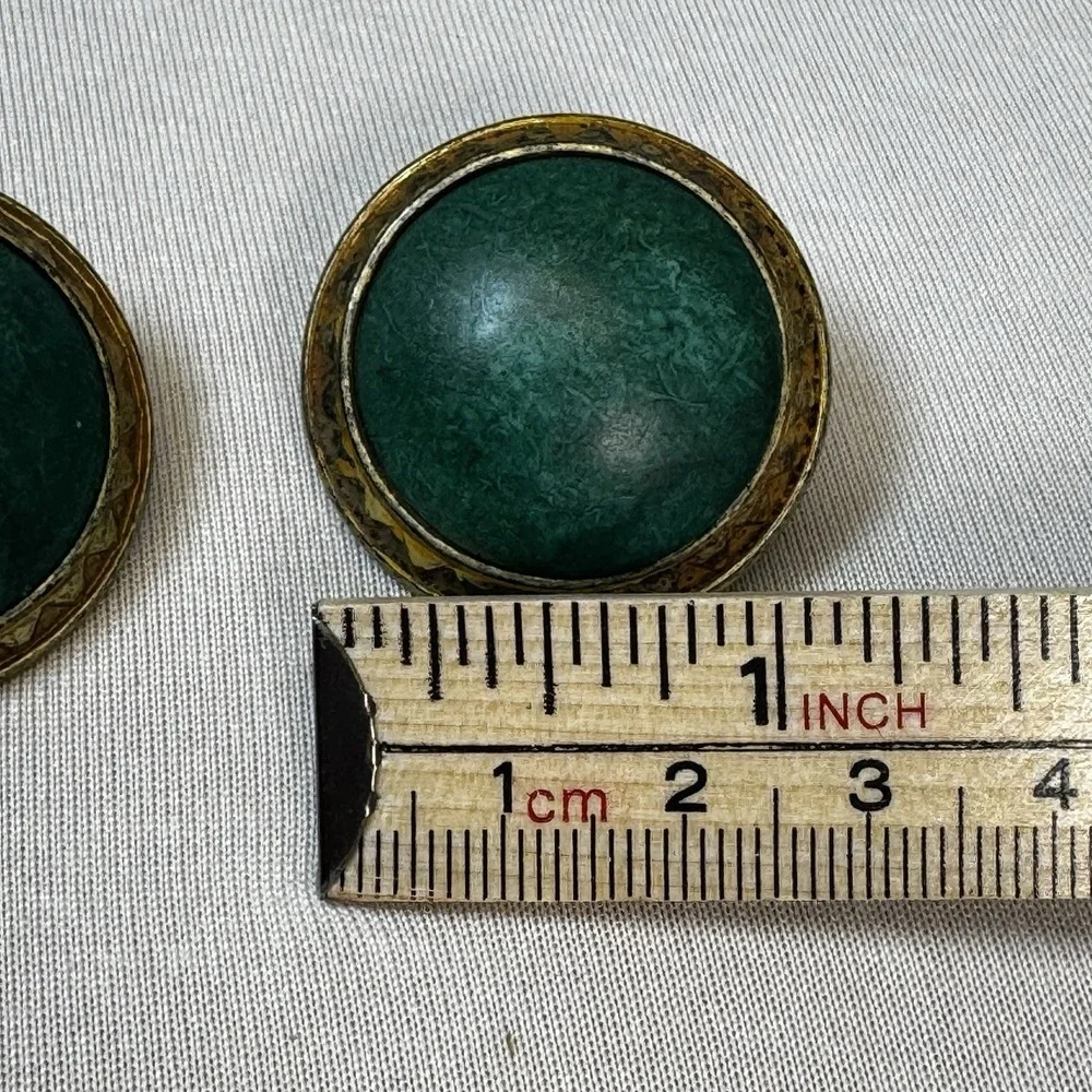 Vintage Matte Green & Gold‎ Tone Dome Earrings